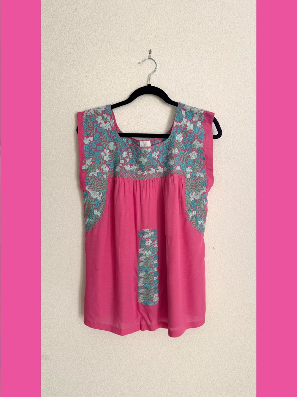 J. Marie Linen Pink Embroidered Tunic Top Oaxacan Sleeveless Blouse Sz Medium